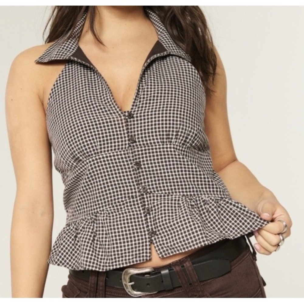 Hollister Brown&White Gingham Halter Sleeveless Ruffle Button Tank Top XL